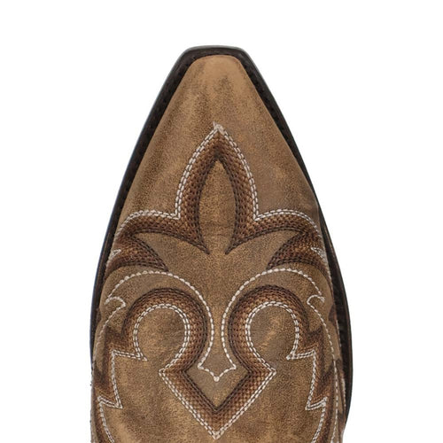 Dan Post men's Triton cowboy boot. Tan leather upper with decorative stitching. Snip toe design offers a pointed silhouette.
