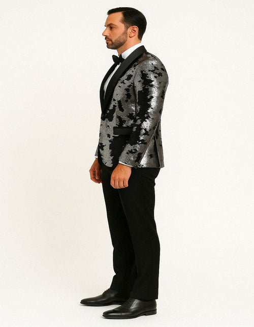 Men's Black and Silver Gray Sequin Tuxedo Blazer With Black Pants