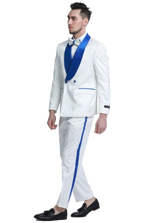 Men's Slim Fit Double Breasted Paisley Smoking Jacket Prom & Wedding Tuxedo in White & Royal Blue