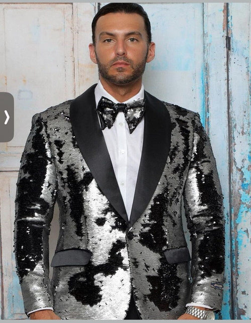 Men's Black and Silver Gray Sequin Tuxedo Blazer With Black Pants