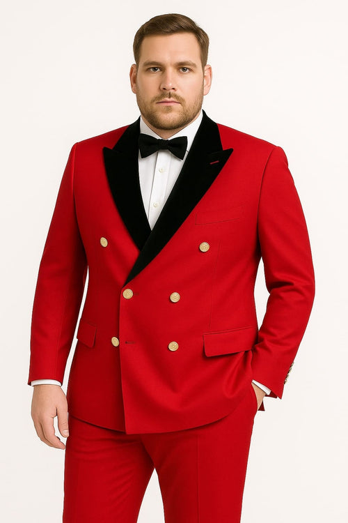 Men's Red Double-Breasted Wedding Tuxedo with Black Velvet Lapel and Gold Buttons - Christmas New Year Suit