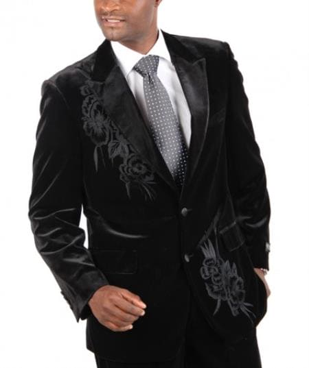 Fashion Two Button Cotton Timmed Velvet Suit Two Button with Embroidery Black,Dark Navy