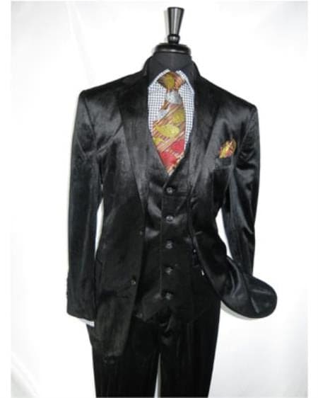 Men's Black 2 Button Velvet Fabric 3 Piece Vested Side Vent Suit With Pleated Pants