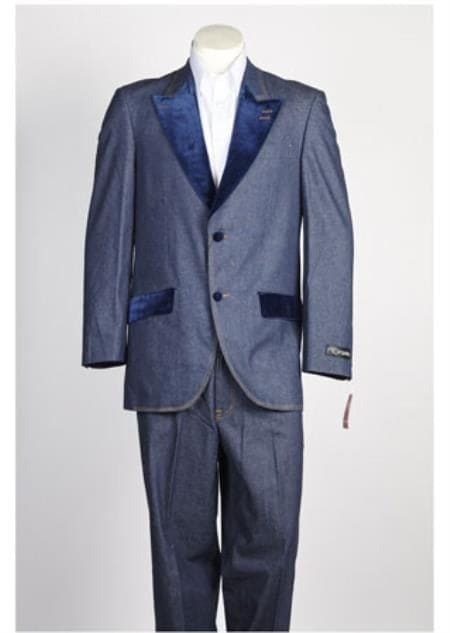 Single Breasted Men's Velvet 2 Button Denim Tuxedo Jean Blue Suit