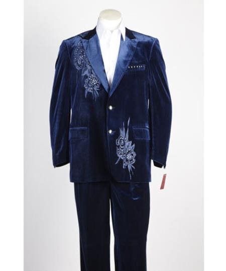 Men's 2 Button Midnight Blue ~ Navy Velvet Suit Jacket, With Floral Pattern, Satin Peak Lapel, And Black Dress Pants