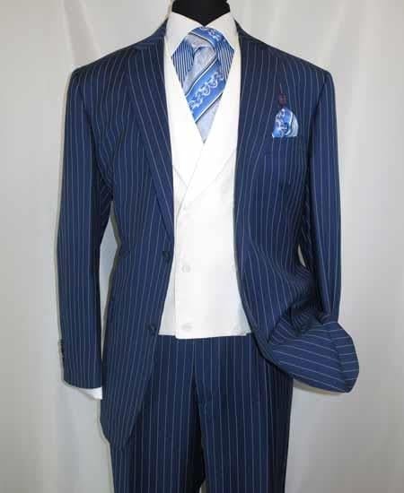 Men's 2 Button Chalk Bold Stripe ~ Pinstripe Blue Shawl Collar 1920'S 30'S Fashion Vintage Pattern No Vest Included Suit