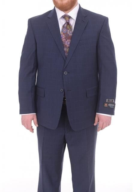 Mix And Match Suits Men's 2 Button Portly Fit Blue Plaid Pattern With Overcheck Suit Executive Fit Suit - Mens Portly Suit