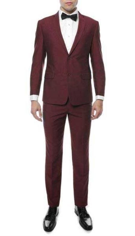 Men's Burgundy Two Button 65% Tetron 35% Viscose Slim Fit Burgundy Suit - AlbertoNardoniStore