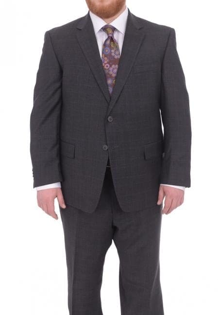 Mix And Match Suits Men's Two Button Fully Lined Portly Fit Gray Plaid With Blue Overcheck Suit Executive Fit Suit - Mens Portly Suit