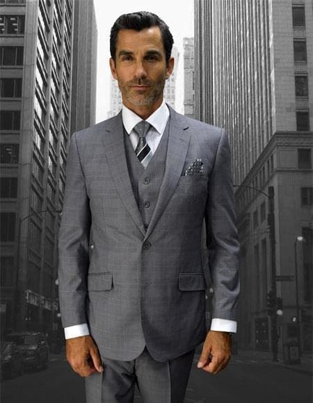 3 Piece Plaid Suit -Gray tMens Plaid Suit