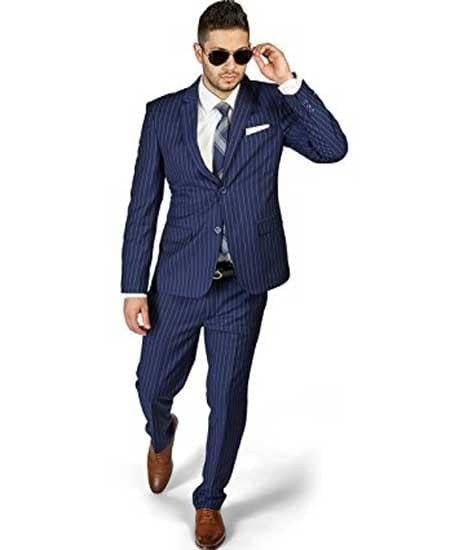 Men's 2 Button Slim Fit Stripe ~ Skinny Style Pinstripe Flat Front Pants Dark Navy Blue Suit For Men Cheap Priced Business Suits Clearance Sale