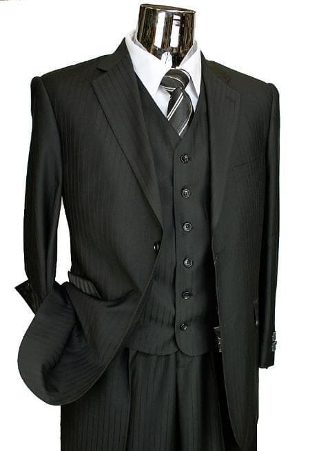 Men's Black 6 Button Vest Single Three Piece Suit - Seersucker Fabric Summer Fabric Cotton Fabric - Black On Black Stripe