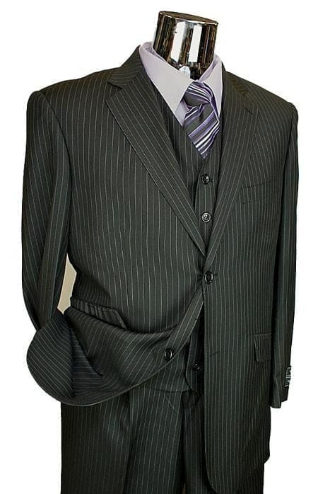 Men's Black Stripe ~ Pinstripe Vested 3 Piece 2 Button Flat Front Pants Three Piece Suit