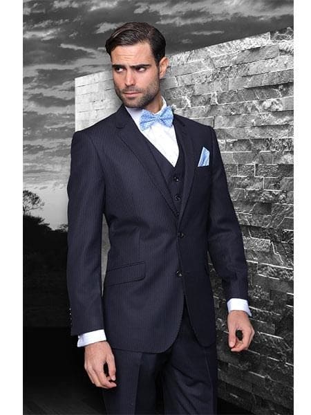 Wool Classic 3pc 2 Button Dark Navy Blue Suit For Men Stripe ~ Pinstripe Suit Super 150'S Extra Fine Italian Fabric