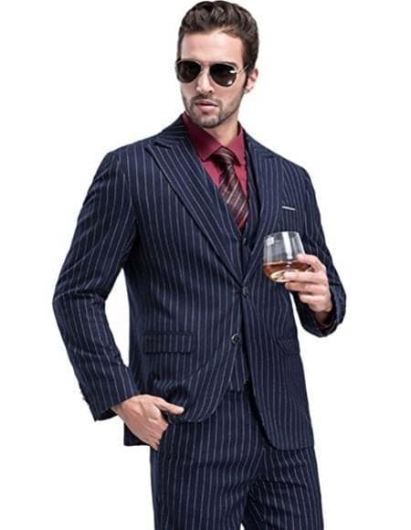 1920 Fashion For Men Dark Navy Blue Suit For Men Chalk White Pinstripe Stripe 2 Buttons Vested Suit