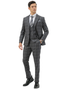 Men's slim fit grey windowpane plaid suit with black lines, peak lapel, and a matching vest. Two-button closure, includes trousers. Classic, tailored look.
