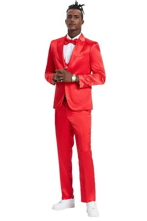 "Red Men's Sharkskin Satin Prom 2025 & Wedding Suit - One Button Vested"