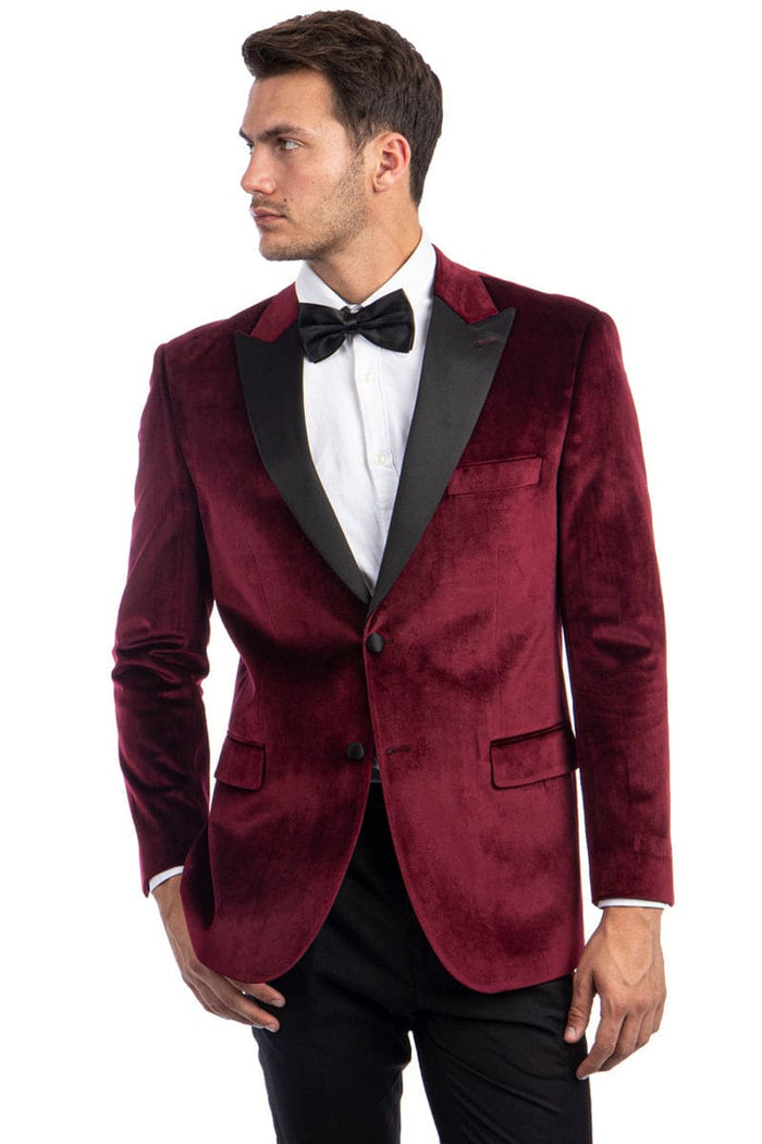 "Burgundy Velvet Men's Wedding & Prom 2026 Tuxedo Jacket - Two Button Peak Lapel"