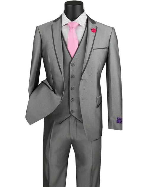 Mens Ultra Slim Fit Sharkskin Tuxedo with Satin Trim in Grey