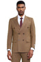 Men's Stacy Adams camel pinstripe double-breasted suit. Fitted, notched lapel, two rows of buttons, two pockets. Features a light pinstripe pattern. Includes white shirt, dark tie.
