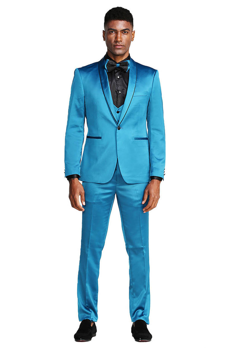 Turquoise Men's Slim Fit Vested Satin Tuxedo Suit for Prom 2026 & Wedding