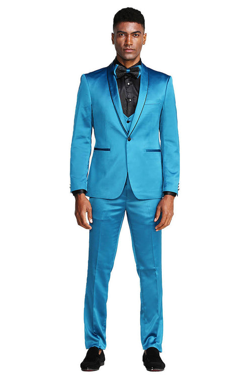 Turquoise Men's Slim Fit Vested Satin Tuxedo Suit for Prom 2025 & Wedding