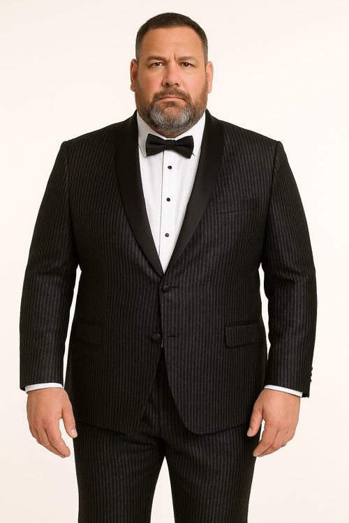 Shiny black tuxedo with glitter effect, satin shawl lapel, structured fit, and pinstripes. Features a single-button closure and matching tailored trousers.
