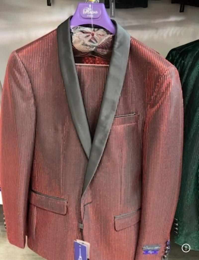 Men's Burgundy Shiny Tuxedo with Black Satin Shawl Lapel â€“ Ultra Slim Fit Party & Prom Suit