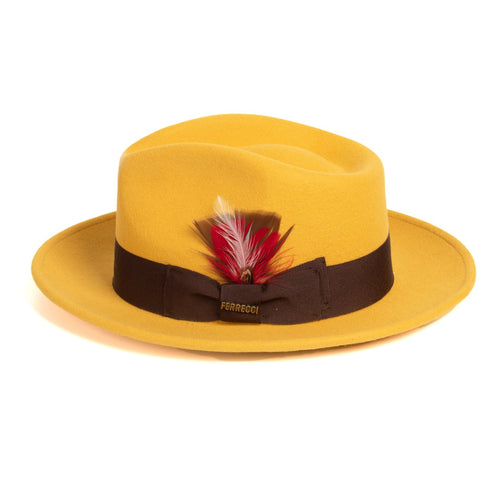 Mens Classic Wool Fedora Dress Hat in Mustard Gold