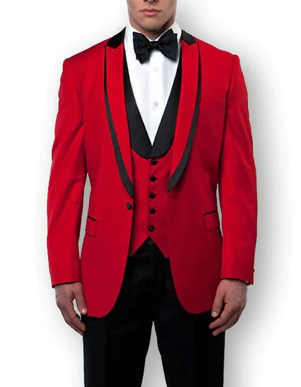 Mens Vested Red Prom Tuxedo with Black Trim