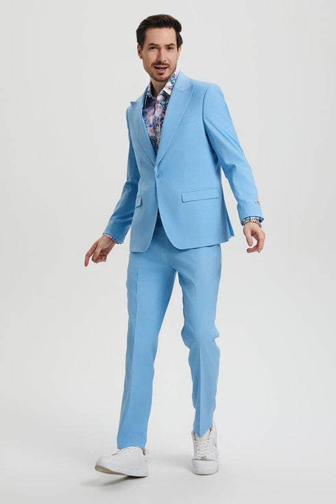 "Mens Stacy Adams Suit - Stacy Adams Suit Men's Designer Suit - Sky Blue Vested One Button Peak Lapel"