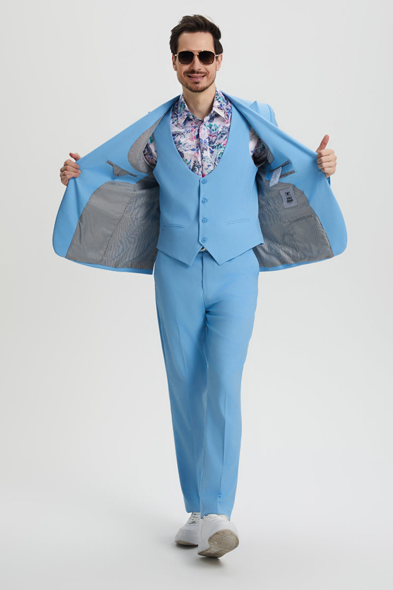 Men's Vested One Button Peak Lapel Stacy Adams Designer Suit in Sky Blue