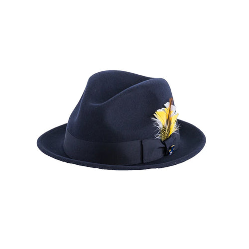 Mens Narrow Brim Crushable Wool Dress Hat Trilby Fedora in Navy Blue