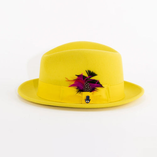 Mens Narrow Brim Crushable Wool Dress Hat Trilby Fedora in Yellow