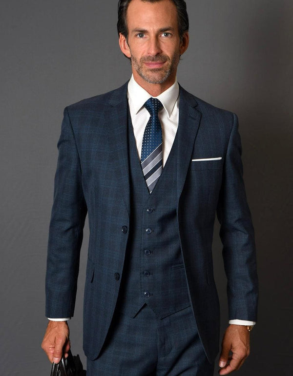 Mens Blue Plaid Suit 2 Button Vested Modern Fit Wool Suit in Navy Plaid - AlbertoNardoniStore