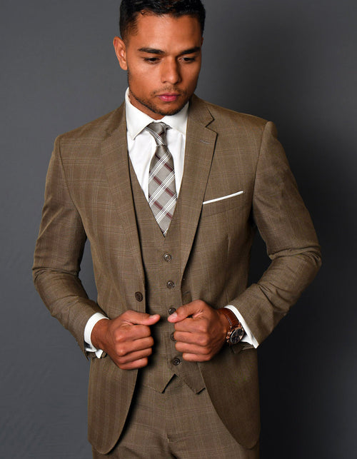 Men's modern fit tan plaid wool suit. Features a 2-button closure, vest, notched lapel, and visible shirt cuffs. Includes patterned tie.