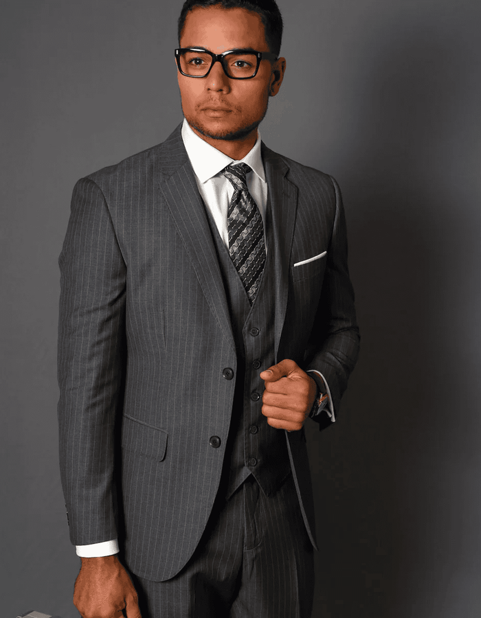 Men’s Charcoal Grey Pinstripe 2 Button Vested Suit, Modern Fit Wool Blend Formal Dress Suit