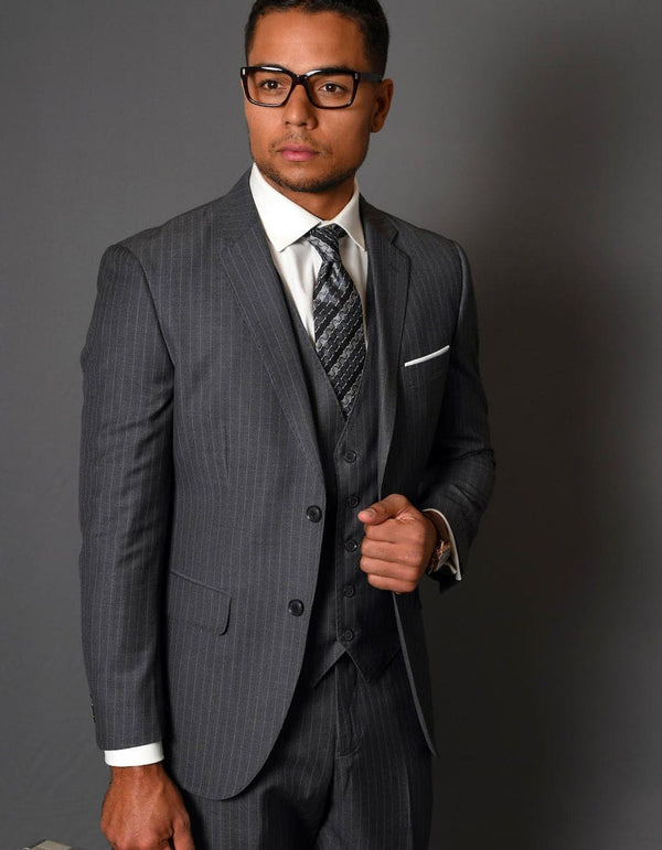 Mens Grey Suit Mens 2 Button Vested Modern Fit Wool Suit in Charcoal Grey Pinstripe