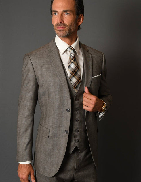 Mens 2 Button Vested Modern Fit Wool Suit in Taupe Plaid