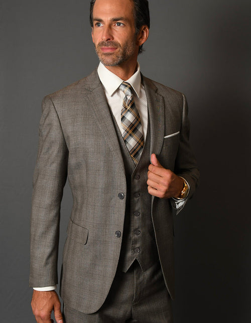 Men's modern fit wool suit in taupe plaid. Includes a 2-button jacket, vest, and trousers. Features a smooth fabric and dark buttons, tailored for a streamlined silhouette.