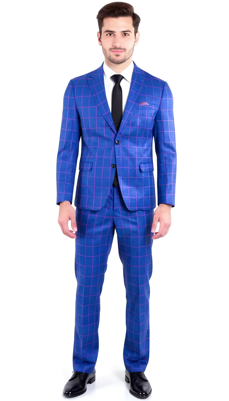 Mens Slim Fit Plaid Suit in Blue – Elegant 3 Piece Formal Set