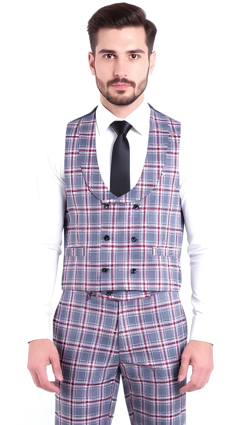 Stylish Grey and Red Checkered Suit for Men – Slim Fit 3 Piece Formal Outfit
