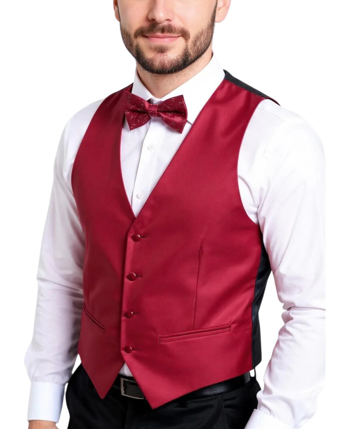 Adjustable vest features a burgundy front and a black back, constructed from a smooth, textured fabric. It has a classic V-shape with six buttons down the front and two side pockets. The vest is tailored to fit closely, with a structured design.