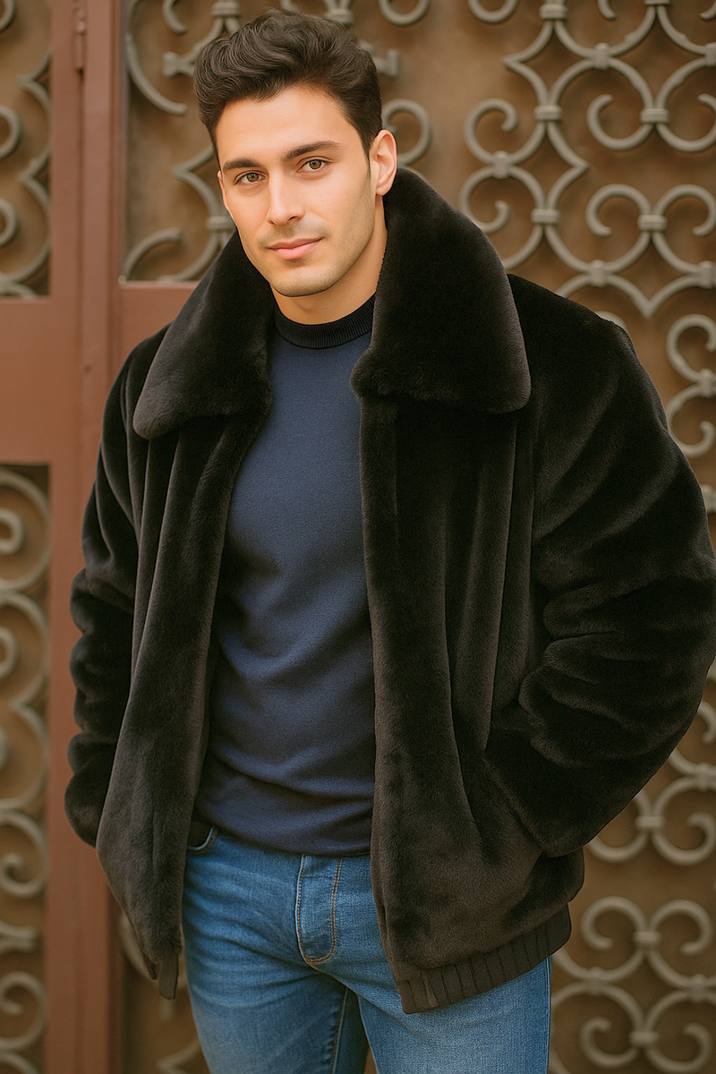 Men's Black Faux Fur Overcoat Fuzzy Warm Winter Jacket Style