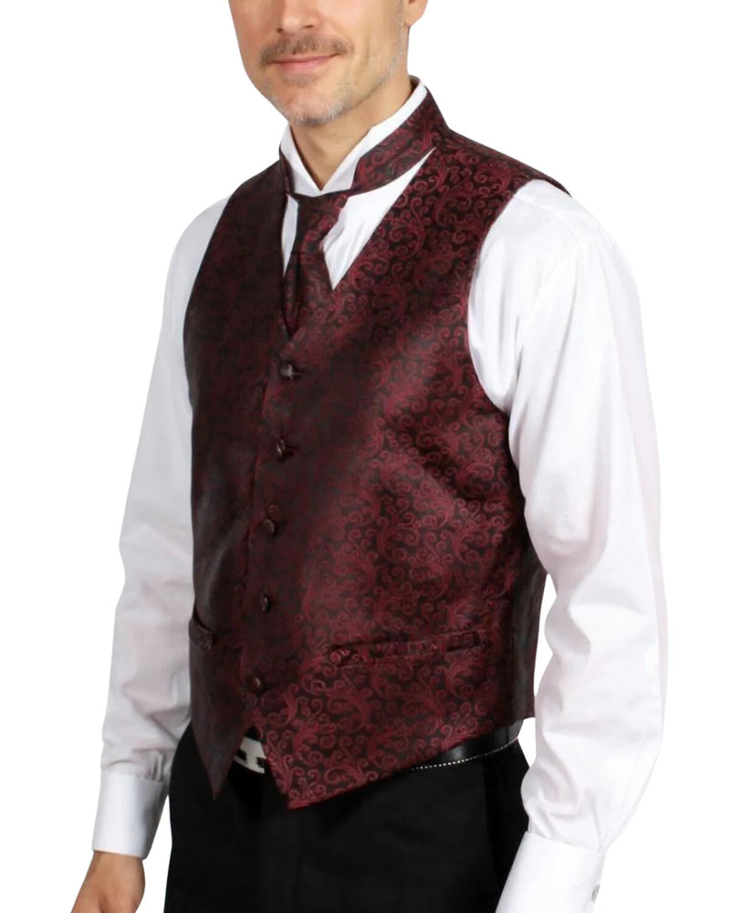 Burgundy adjustable vest with a patterned design, featuring a black backing. It has a fitted shape with a V-neck and is secured with buttons down the front. The material appears to have a smooth finish with subtle embellishments.