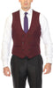 Men's double-breasted vest is burgundy in color and features a tailored fit with a V-shaped neckline. It has two rows of black buttons on the front and two side pockets. The vest is made from a smooth fabric, contributing to its structured appearance.