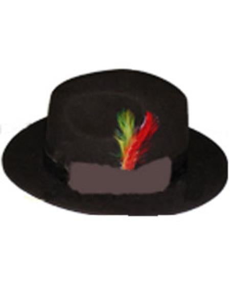 Men's dark brown wool fedora dress hat with rounded crown & wide brim. Features a colorful feather accent. The hat's texture suggests it's made of wool.
