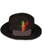 Men's dark brown wool fedora dress hat with rounded crown & wide brim. Features a colorful feather accent. The hat's texture suggests it's made of wool.
