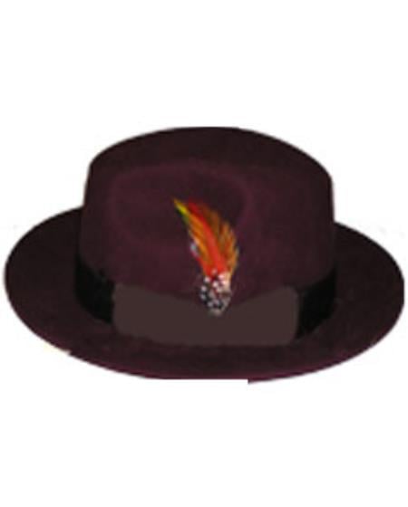 Maroon wool fedora with structured crown and wide brim. Features a decorative band with multi-colored feather. Smooth surface, no patterns.

