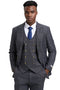 Charcoal grey Stacy Adams suit with windowpane plaid. Includes a double-breasted vest with gold buttons. Features a textured fabric and a tailored fit.
